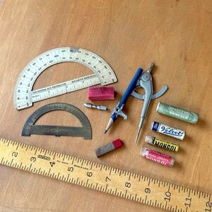 Vintage Drafting, Pencil Leads, Erasers, Protractors, Compass